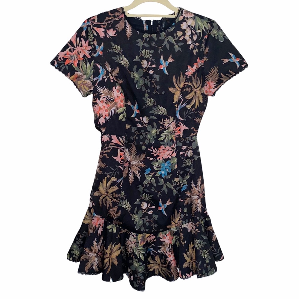 San Joy Women’s Medium Tropical Black Dress Exposed Back Birds